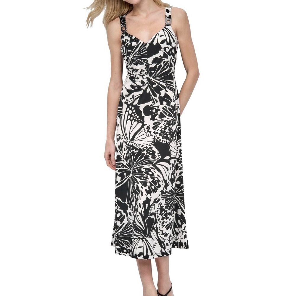 DKNY Abstract Floral Print Matte Jersey Sleeveless Midi Dress 16 Black NWT